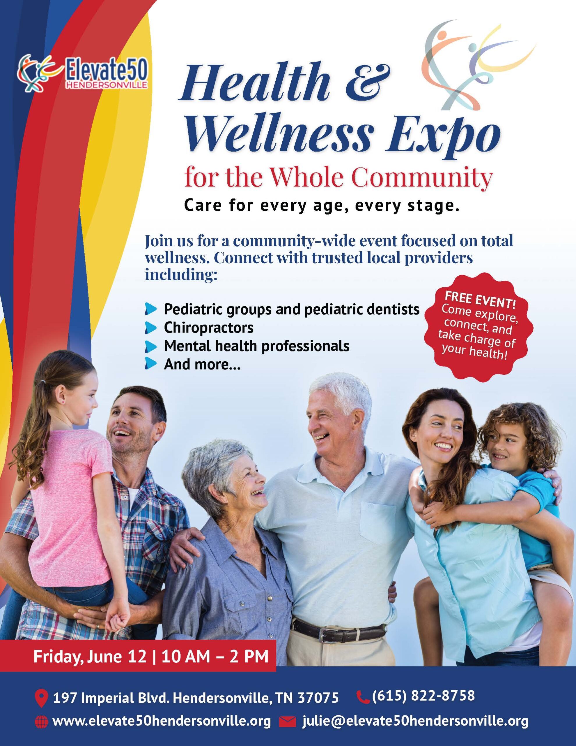 Health and Wellness Fair Flyer featuring group of people of all ages and races. Bright and colorful. Hendersonville TN Health & Wellness Expo